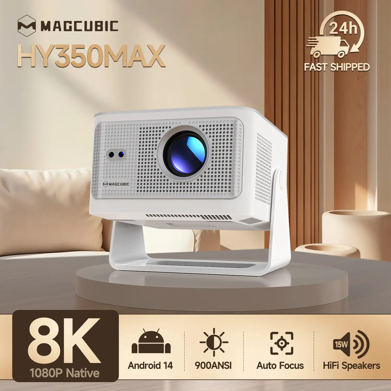 [US warehouse] Magcubic HY350MAX 900ANSI Projector Auto Focus 8K Decode Android 14 Allwinner H726 Built-in 15W HiFi Speaker Dual WiFi6 BT5.4 Native 1080P 1.0:1 short Throw Portable Smart Projector For Home Cinema Movie Night #TikTokShopBackToSchool