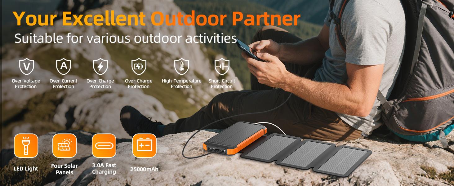 20000mAh Solar power bank PD 15W Fast Solar Charger with Foldable Panels 4 Foldable Panels 15W Wireless Built-in Cables USB-C In/Out Camping Hurricane Emergency Smart iPhone 17 Compatible Chargeable Power Bank Travel Battery Pack power bank