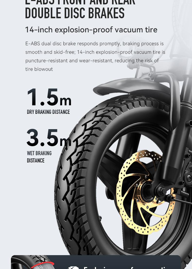 Electric Folding Bicycle 500W Motor 14-Inch Tires 48V 15Ah Battery 30-Mile Range Certified Shock Absorption Smart Urban Bike 1000W Peak Power 100KM Range Foldable with 16-Level Shock Absorption System Commuter Ebike Suspension Ebike - Brakes