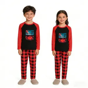 Kids Long Sleeve Loungewear Red And Black Plaid Pants   Black Shirt With Red Sleeves   Chess Board Design On Chest   Fantasy Theme With Figures