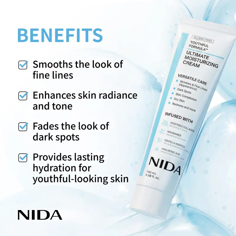 NIDA Youthful Formula Ultimate Moisturizing Cream (100mL) / Collagen, Niacinamide, Centella Asiatica, Hyaluronic Acid / Wrinkles, Dark Spots, Skincare Hydrating Daily Moisturizer Moisture Hydrate 1