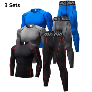Men's 3 Set Compression Suits Athletic Muscle Fit Top and Bottoms Moisture Wicking Breathable 4-Way Stretch Performance Training Geart
