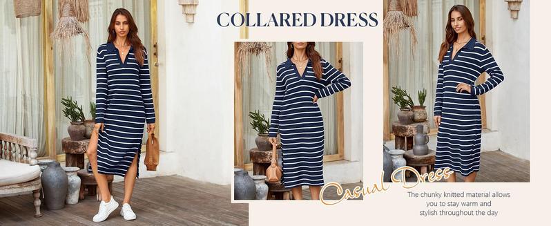 Imily Bela Womens Striped Summer Dresses Short Sleeve V Neck Knit Collared Sexy Slit Loose Maxi Sweater Dress