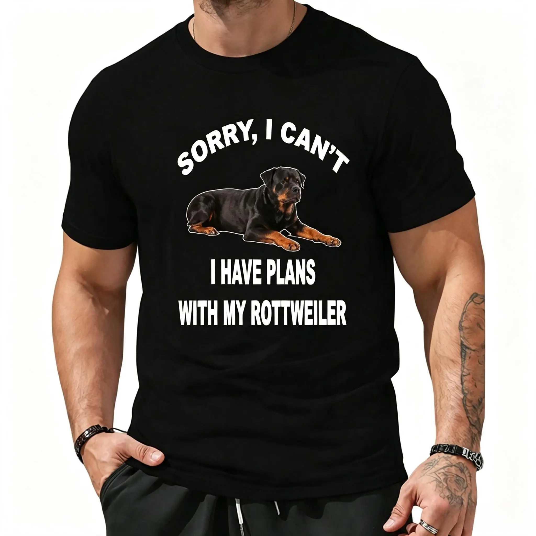 Unisex "Sorry I Can’t" Rottweiler Casual T-Shirt - Men's Top, Short-Sleeve Round Neck Tee, Dog Lover Pet Owner Gift Shirt, Tshirt, Shortsleeve, Streetwear, Menswear, Digital Print, Breathable, Breathable Fabric, Classic Fit, Pure Cotton, Text Graphic