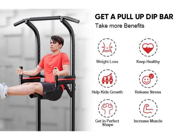 Pull Up Bar Dip Bar Power Tower Height Adjustable,Multi-Functionfor Fitness Home Gym Strength Training Workout Equipment 330LBS Weight Capacity