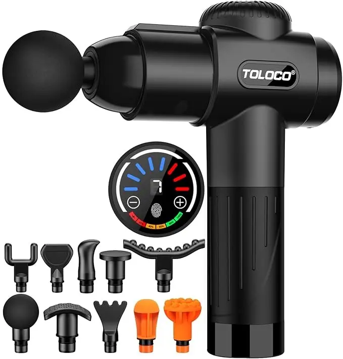 TOLOCO Massage Gun, 10 Replacement Heads, 7 Speeds, Smart Touch Screen, Portable Handheld Deep Muscle Tissue Massager for Neck & Full Body Relaxing summerwins