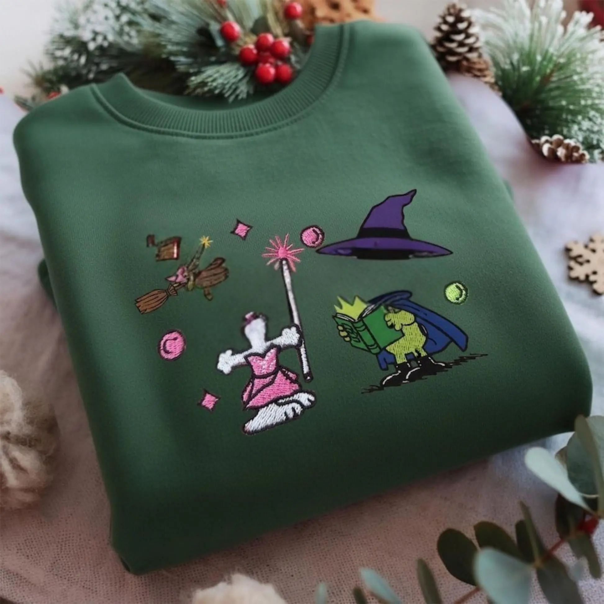[MADE IN US] Wicked Peanuts Dog Embroidered Sweatshirt, Wicked For Good Embroidered Sweatshirt, Pink Witch Green Witch Shirt, Changed For Good Wicked Shirt