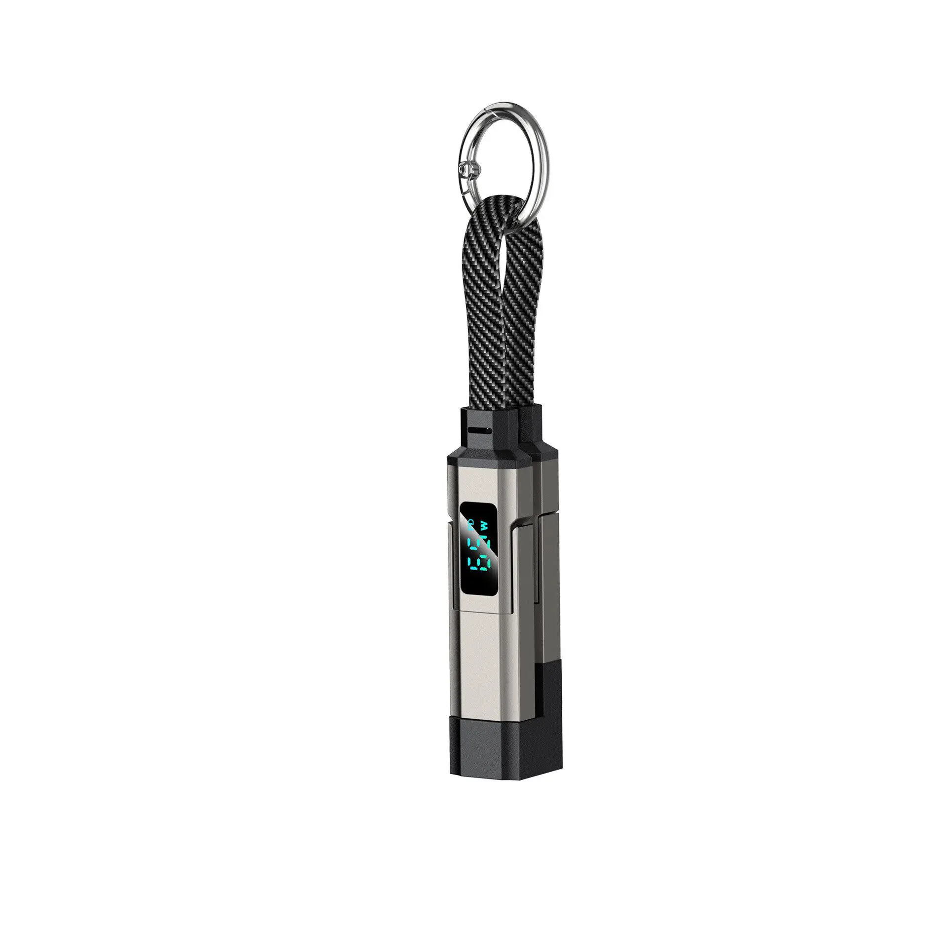 65W 4-In-1 Digital Display Charging Cable - Compact Keychain Phone Accessory, USB-A/Type-C/Lightning Connectors, LED Indicator, Smart Protection, Data Sync Ready for Smartphones, Tablets
