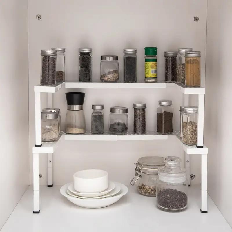 Kitchen Cabinets, Storage Rooms, Stackable Spice Racks, 2-Layer Adjustable Metal Iron Spice Racks for Storing Spices, Seasonings & Pasta Organiser White