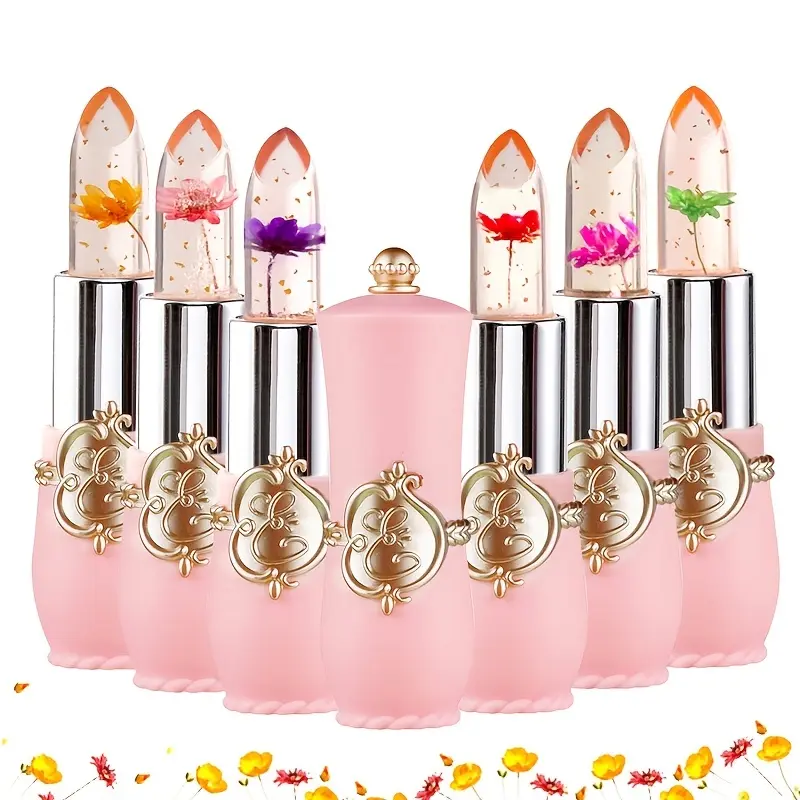 Women's Color Changing Crystal Flower Lipstick Set - 12/6-Pack Compact Cosmetic Jelly Lip Balm with Real Flowers, Golden Cocoa Moisturizer, Temperature-Activated Tint, Glossy Hydration, Long-Lasting, Valentine's Day Gift, Daily