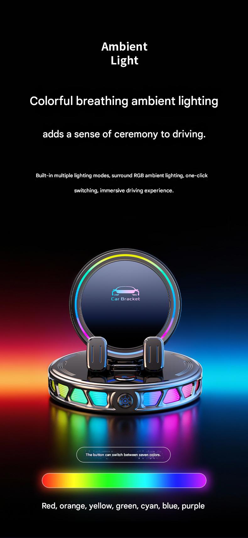 Electric Magnetic Wireless Charging Car Phone Mount with RGB Ambient Light – Ultra Stable Vacuum Suction