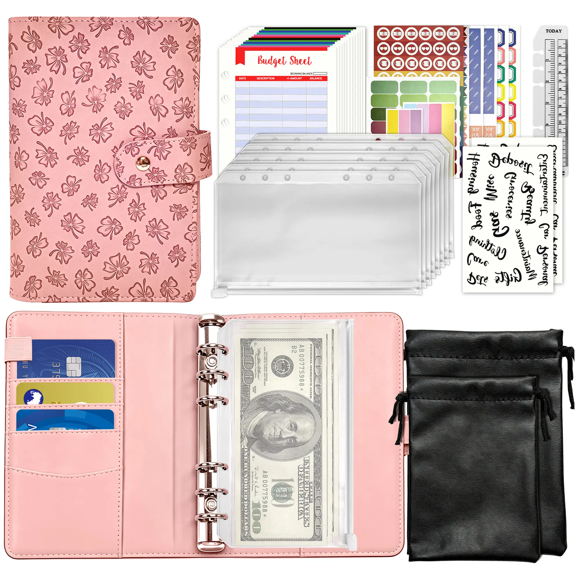Xmas Savings Binder - Home Budget Planner with Expense Envelopes, Expense Sheets, Category Labels, 2 Jewelry Bags, 4-Leaf Clover Print, Finance Checklist Organizer, Monthly Bill Organizer