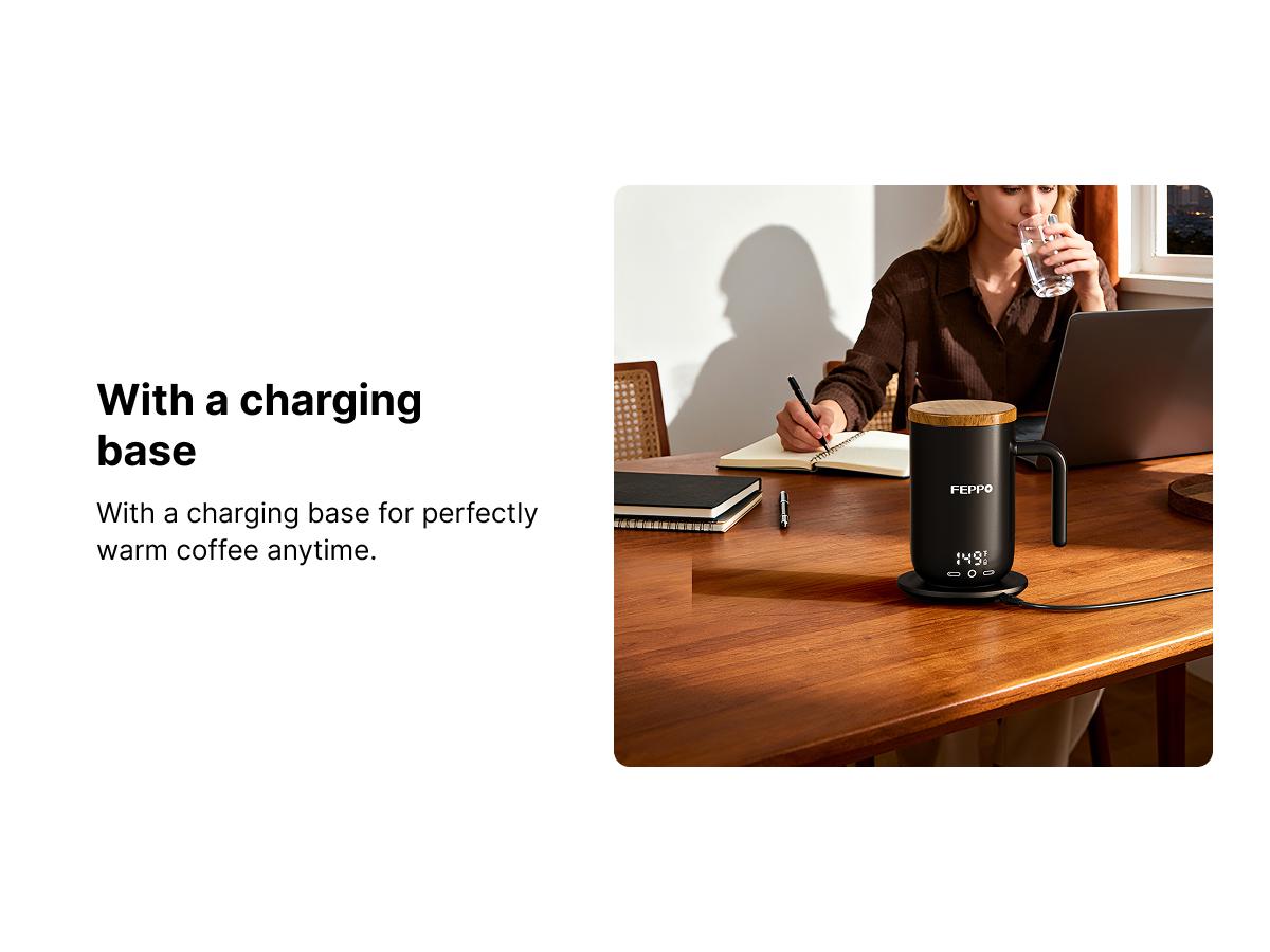 FEPPO Self-Heating Coffee Mug Warmer, 17oz Smart Temperature-Controlled Coffee Mug with Titanium Coating, Real-Time Digital Display, Built-in 2600mAh Battery with Charging Base, Great Gift for Women / Men