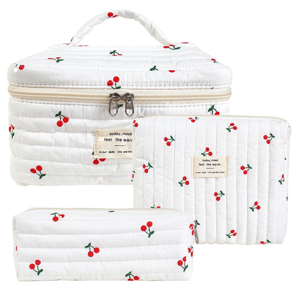 3-piece cherry pattern set, lightweight, multifunctional, stylish zipper design storage bag, suitable for daily use, leisure travel, portable storage bag for storing cosmetics, jewelry, and accessories