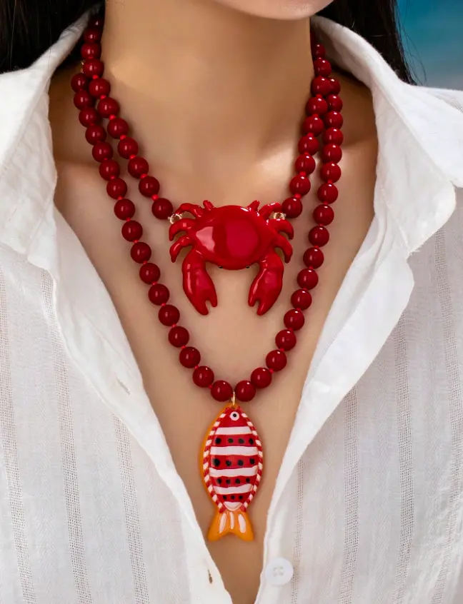 Red Beaded & Fish Necklace – Ocean Style Beach Jewelry