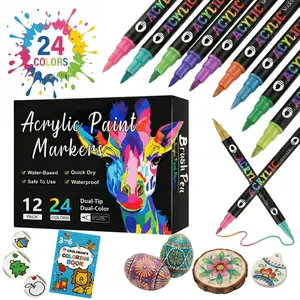 24colors Dual-Tip Acrylic Paint Markers Set Waterproof Quick-Dry, Ideal for Body Painting, Color by Number, Easter Eggs, Rocks, Plates, Cups, Skateboards DIY Painting, Free Coloring Book Included, DIY Crafts & School Art Supplies