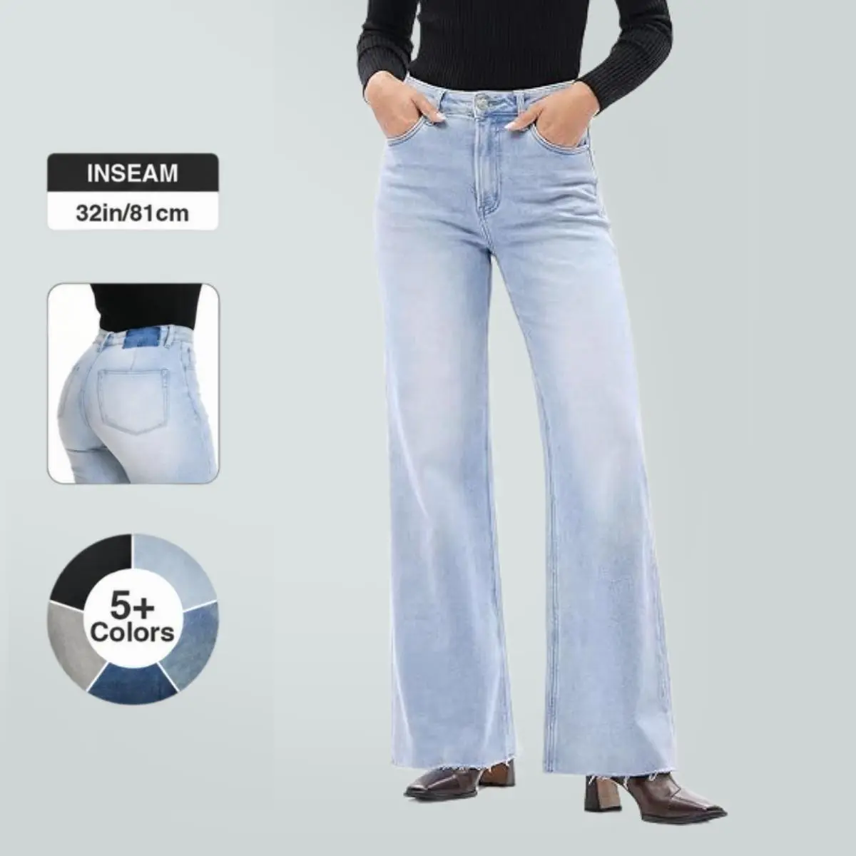 Joy Vogatiques BlueMoment Stretchy High Waist Wide Leg Jeans for Women Basic Denim Pants Raw Hem Underwear Trouser Lady Streetwear 8101 Minimalist Tummy Control BBL Baggy Curve Hugging #TikTokShopBackToSchool