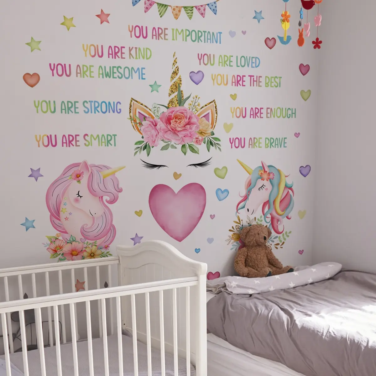 A set of two unicorn creative English wall stickers for bedroom and living room background walls, Wall Art Stickers, home decoration stickers, Decorative Stickers, self-adhesive M14593-NL