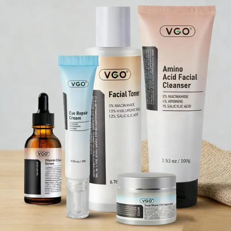 VGO 5-Step Daily Facial Skincare Routine Set - Lightweight Cleanser, Hydrating Serum for Soft, Comfortable Skin, Moisture, Cream, All Skin Types