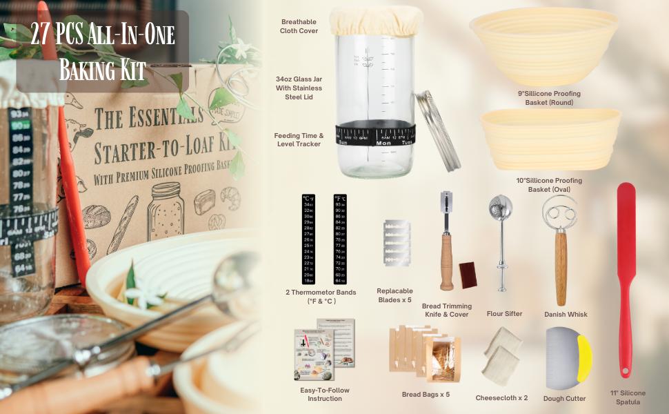 Sourdough Starter-To-Loaf Kit, Premium Silicone Oval & Round Bread Proofing Basket Set, Easy Baking Instructions, Complete Sourdough Kit, 34oz Sourdough Starter Jar With Accessories, Silicone Spatula, Danish Whisk, Dough Scraper, Scoring Knife, Bread Bags
