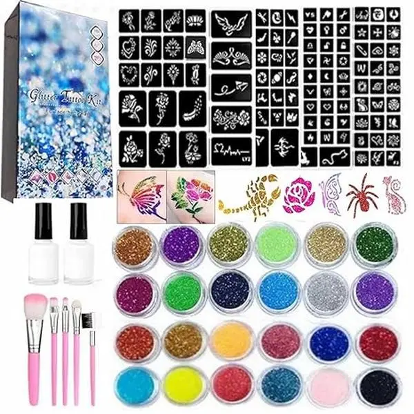 Temporary Glitter Tattoos Kit for Kids & Adults 24 Cosmetic Body Glitters 2 Body Glue 5 Brushes 187 Reusable Tattoo Stencils Waterproof DIY Body Art Makeup Set for Girls Boys Birthday Parties Halloween Festivals