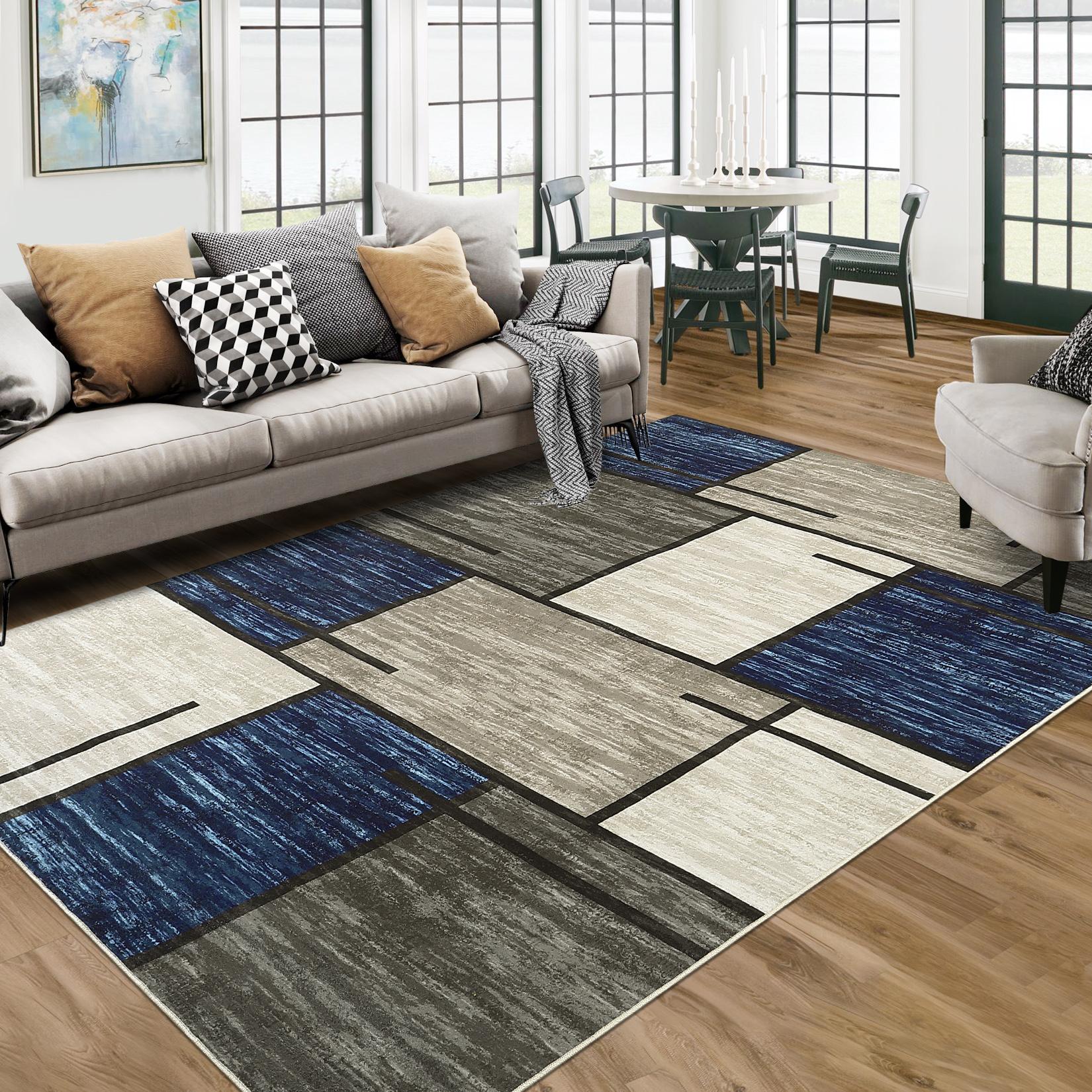 【GARVEE】Washable Rugs 8 x 10 Rug for Living Room Modern Geometric Rug Non Slip Navy Rug Soft Floor Mats Large Area Rug Stain Resistant Carpet for Bedroom Dining Room Nursery Blue/Taupe 8'x10'