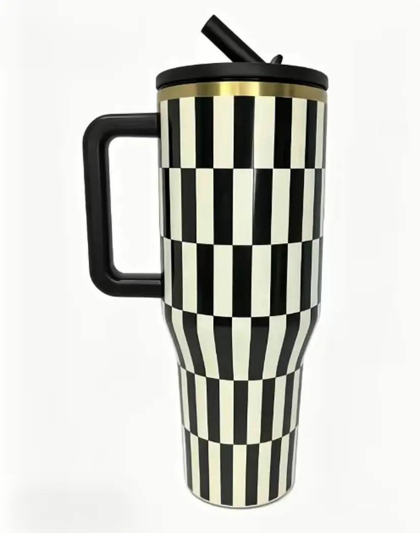HydroJug 40 oz Black gold vertical Striped with Handle and Straw Tumbler Water Bottle  large capacity car cup, 100% Leakproof Insulated Tumbler  | Keeps Ice 24+ Hours | Cup Holder Friendly Base | Insulated Thermal Tumbler, Easy-Clean Durable Travel Mug