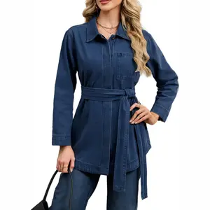 EZAPINE Store Denim Jacket for Women 2026 Long Sleeve Button Down Jean Shirt Casual Spring Denim Shacket with Tie