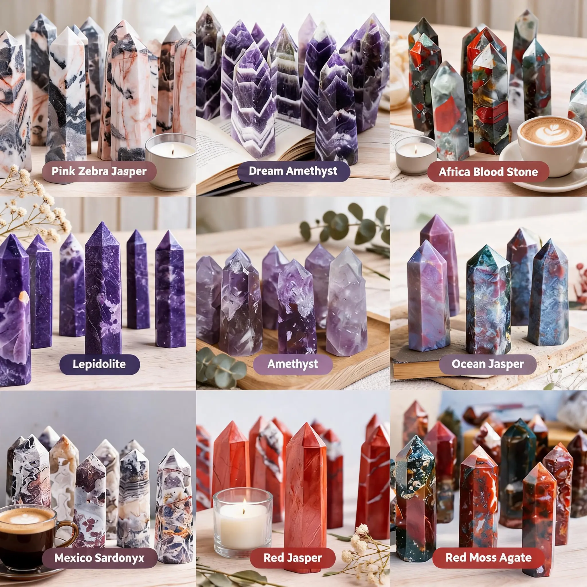 Natural Crystal Tower Collection, Natural Crystal Decorative Jewelry Accessories with Rose Quartz, Ocean Jasper, Rhodochrosite, Red Jasper, Pink Amethyst, 2.5''-3.5'' (60-90Mm), Attract Love