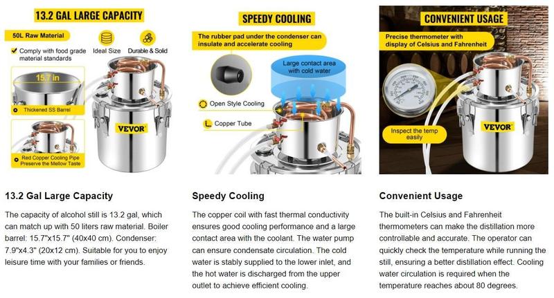 VEVOR Water Wine Still Max 13.2Gal/50L, Wine Distiller with Circulating Pump, Wine Still Copper Tube, Whiskey Distilling Kit with Build-In Thermometer, Whiskey Making Kit for DIY , Stainless Steel