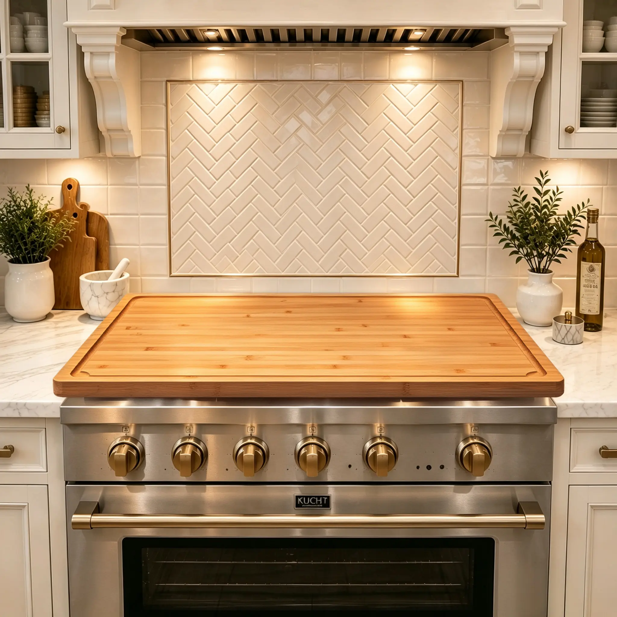 Kikcoin 4XL/5XL Rectangular Bamboo Stovetop & Oven Cover - Kitchen Accessories, Chopping/Kneading/Charcuterie Board, Handle, Juice Groove, Knife-Friendly, Washable, Space-Expanding Corner Solution, Party Essential, Carving Board, 2Xl