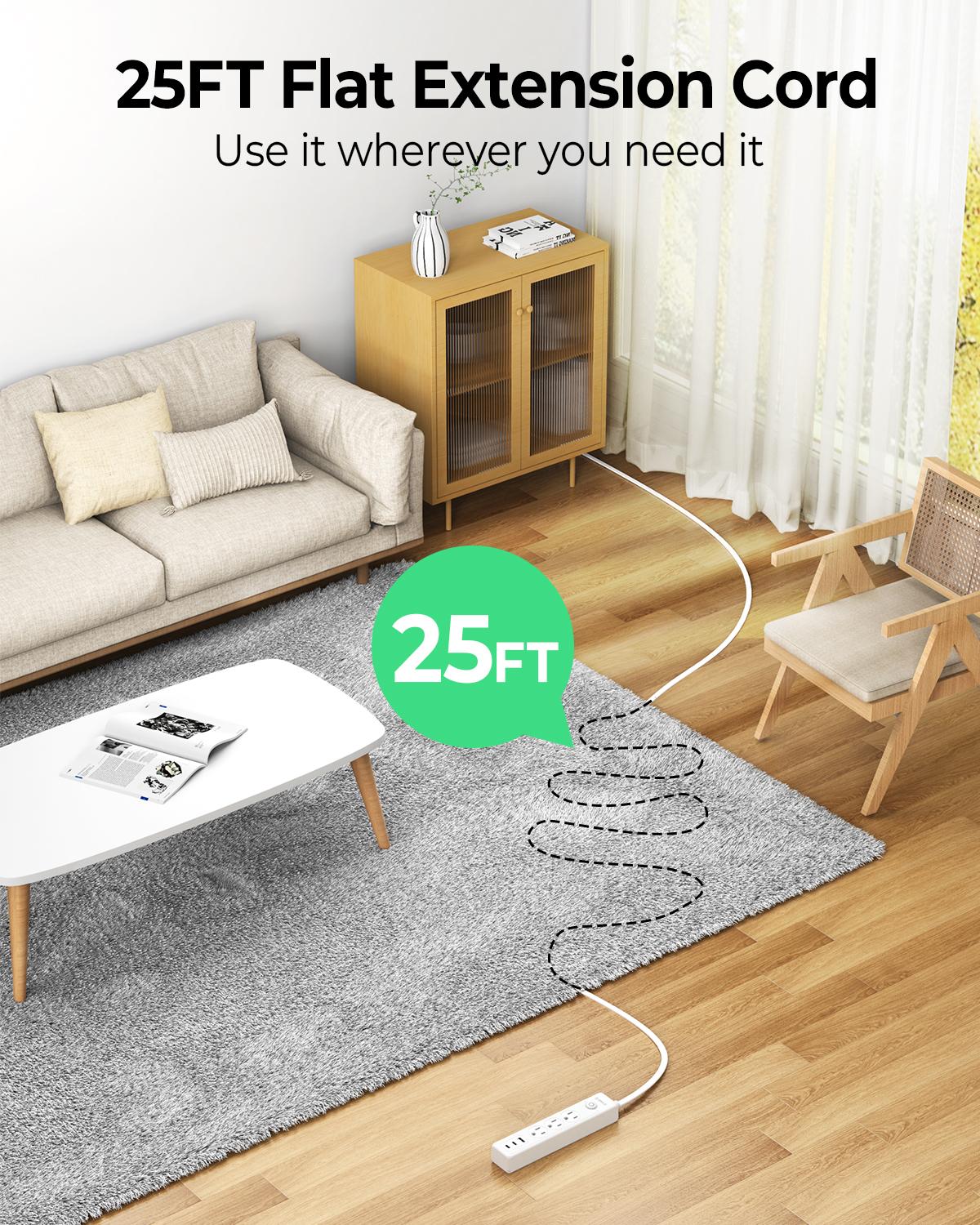 ORICO PW-3A1U2C 25FT Flat Extension Cord, 6-in-1 Power Strip with 3 AC Outlets, 1 USB-A & 2 USB-C Ports, Multiple Protection, Compact for Home & Office-PW