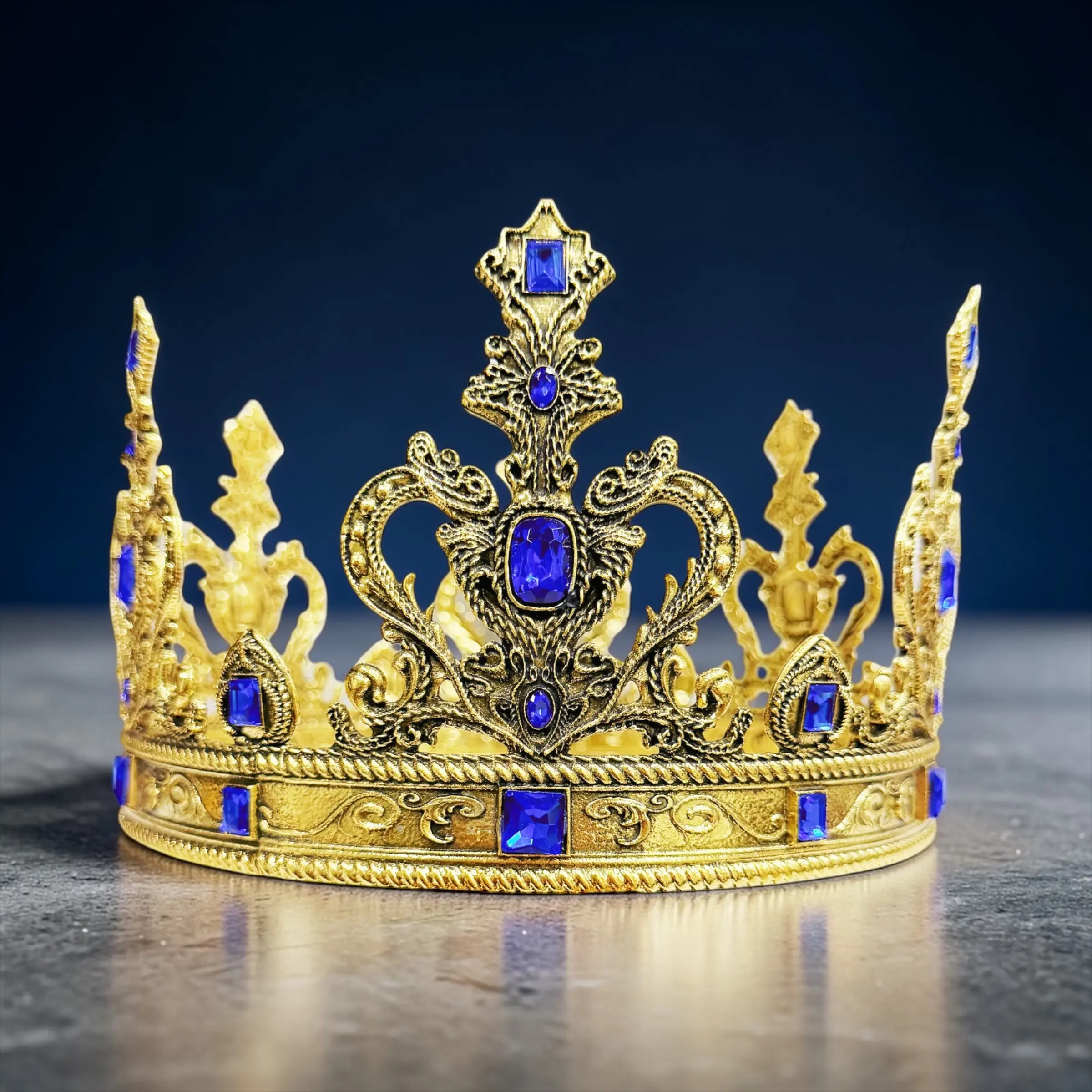 Men's Vintage King Crown, XL Gold-Plated Alloy Headpiece with Blue Crystal & Shiny Gems for Wedding, Cosplay & Pageant, Crown Shape, Wedding Use, Xl Size