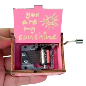 Pink Wooden Hand Crank Music Box "You Are My Sunshine" Sweet Gift for Girls Kids Mom & Loved Ones Eco-Friendly No Batteries Needed Portable & Cheerful Design - Light, Decor