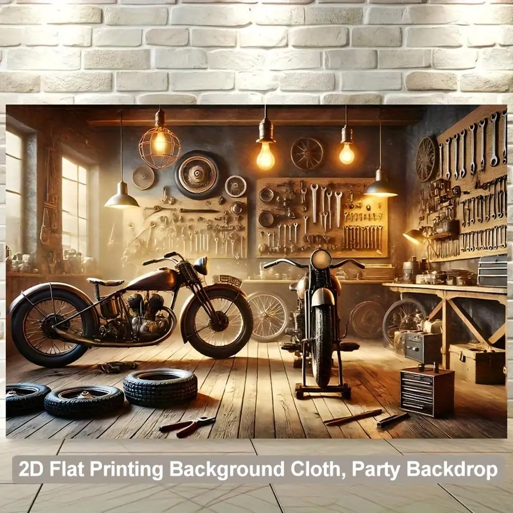 1pc 2D Flat Polyester Wall Tapestry - Vintage Garage Motorcycle Repair Workshop Decor, Rustic Theme with Tools, Tires, Polyester Material, Ideal for Living Room, Office Deco