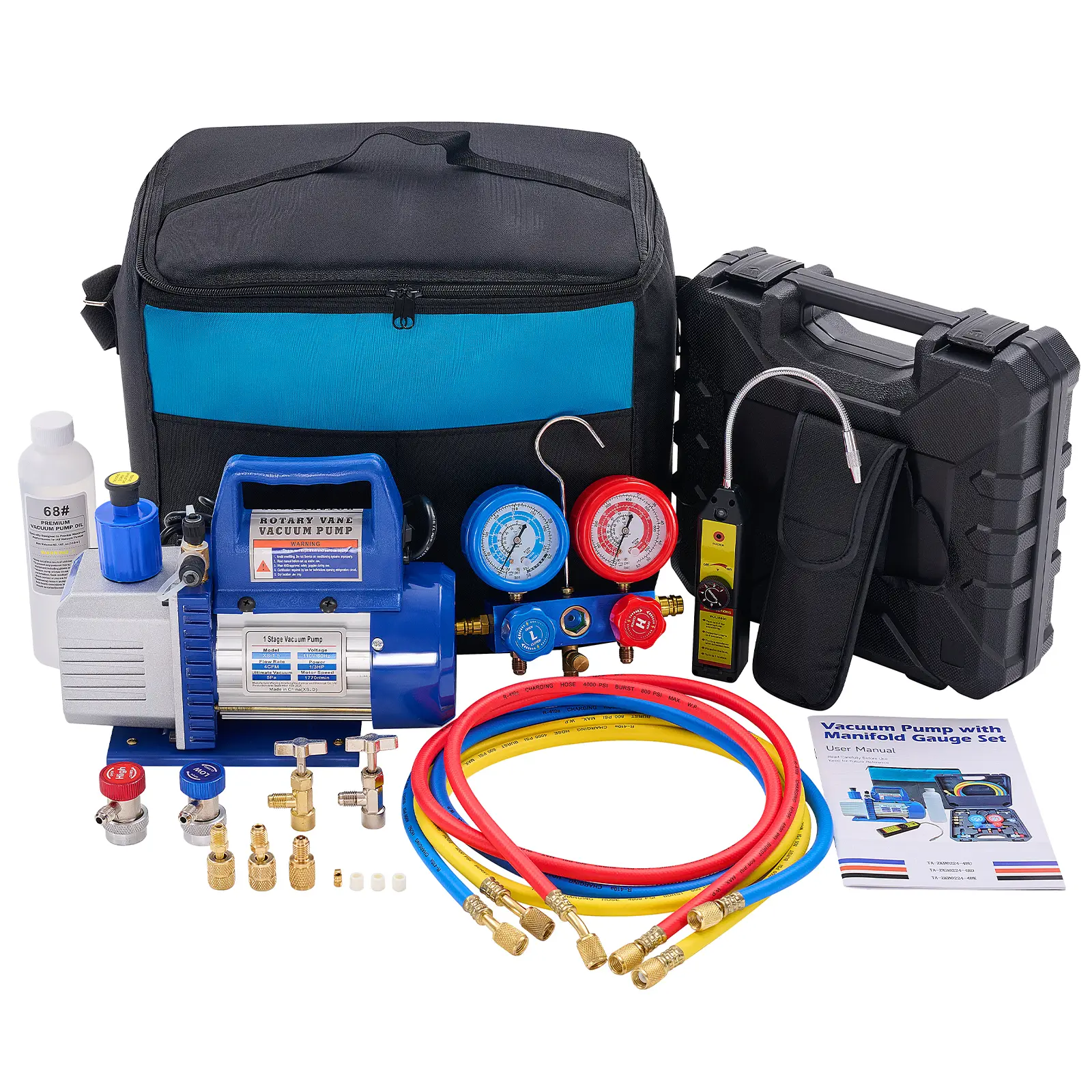 110V 1/3 HP 4CFM Single Stage Vacuum Pump Kit with R134a Manifold Gauge Set, Leak Detector, 1/4" Hoses & Carry Bag for HVAC AC Refrigeration, ETL Listed