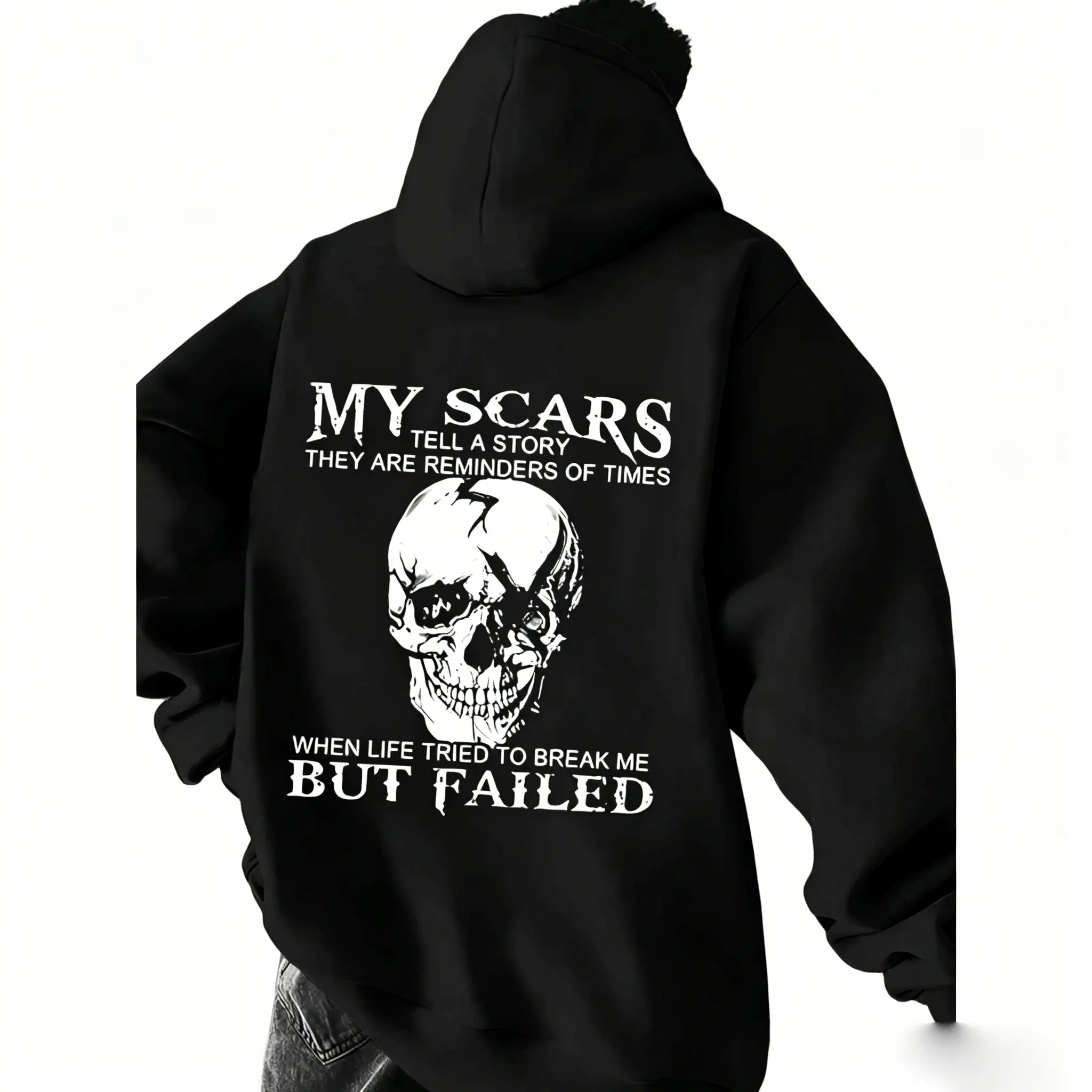 Men's Oversized Skull Print Hoodie - Longsleeves Pullover, Loose-Fitting Soft Blend Breathable Top, 3XL, "My Scars Tell a Story" Slogan, Round Neck, Edgy Alternative Streetwear Unisex Halloween Apparel