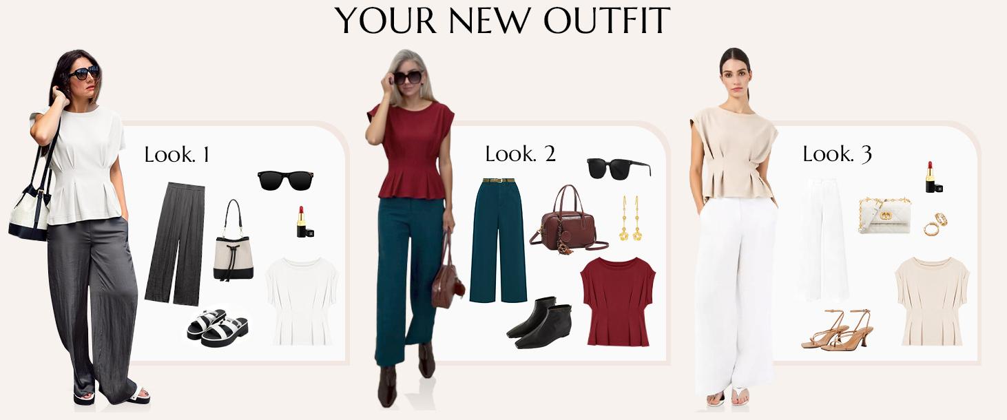 Cicy Bell Womens Peplum Tops Summer Babydoll Cap Sleeve T-Shirts Dressy Casual Crew Neck Pleated Blouses