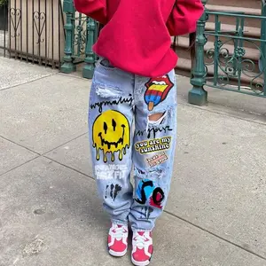 HW0207 smiley face print jeans women's ripped street skateboard pants