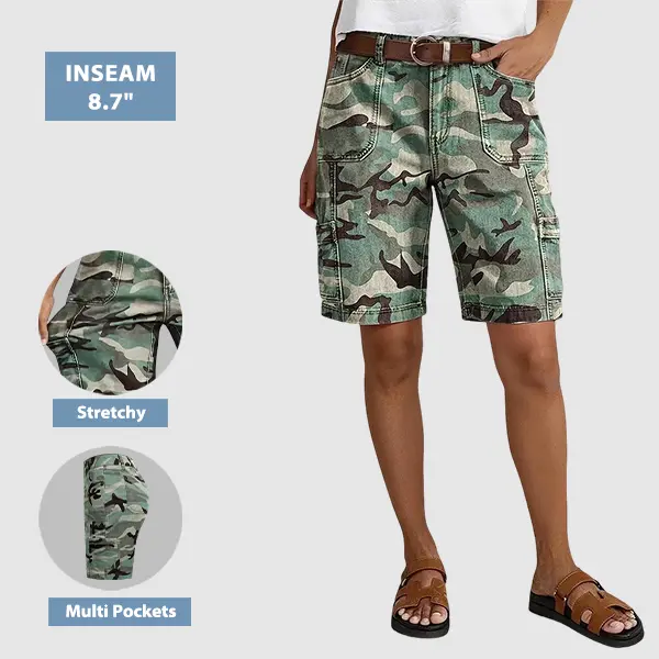 Flamingals Camo Print Patch Pocket Mid Rise Bermuda Shorts Without Belt Womenswear Stretchy 8.7" Inseam Flamingals Camo Print Patch Pocket Mid Rise Bermuda Shorts Without Belt Womenswear Stretchy 8.7" Inseam