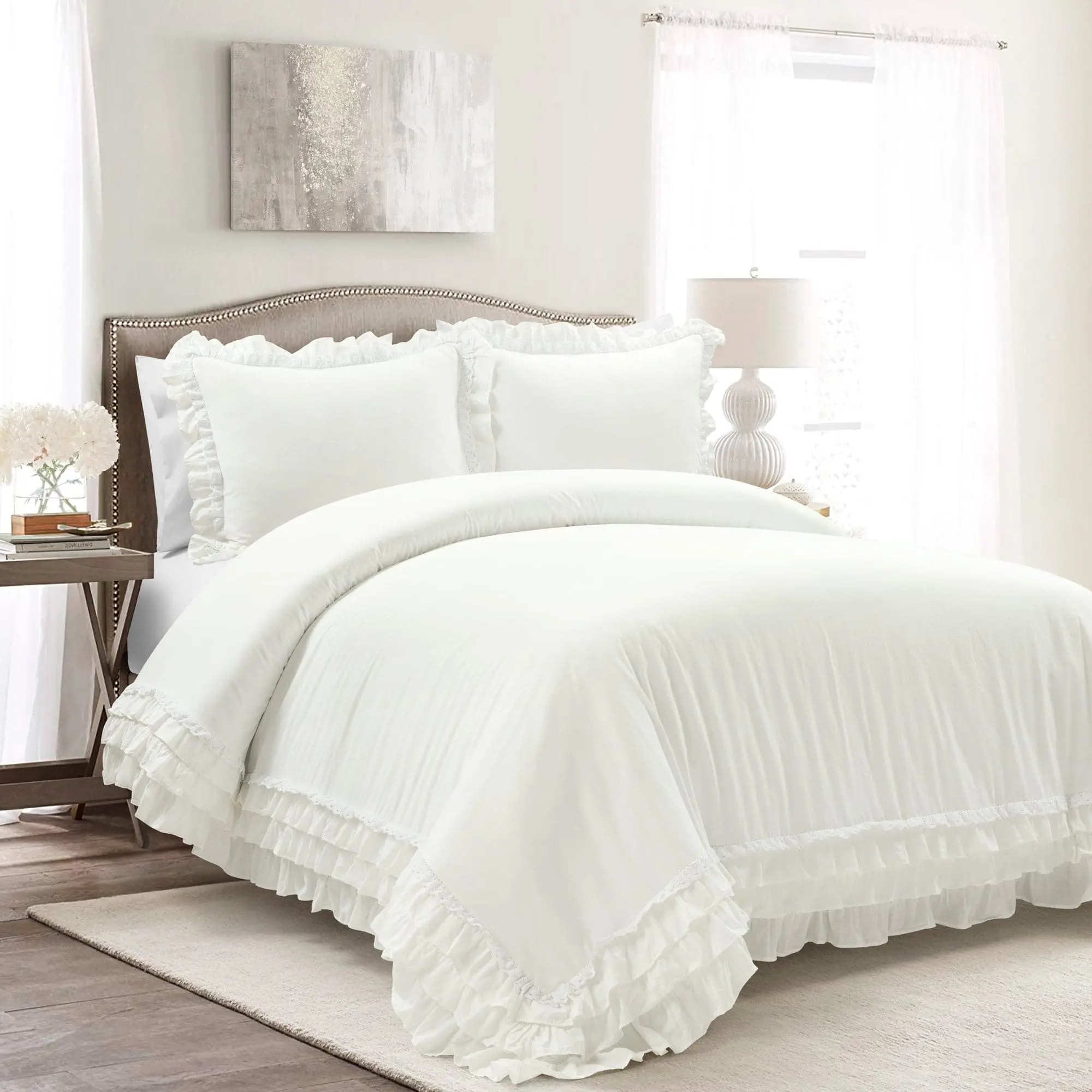Lush Decor Ella Ruffle Lace 100% Cotton 3-Piece Duvet Cover Bedding Set - Quilted Detail, Ruffled Trim, Machine Washable, Cozy Setup, Aesthetic Bedding for Full/Queen & King Sizes, Cottagecore Room Decor