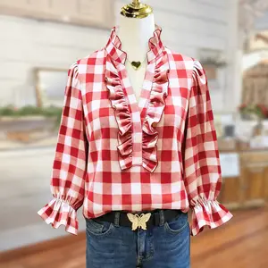 Sagevell Red Plaid Ruffle V Neck Blouse for Women, Long Sleeve Checkered Casual Top, Elegant Lightweight Spring Shirt