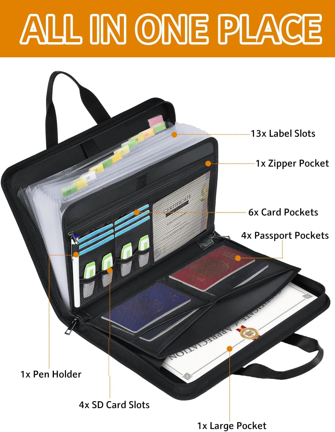 Important Document Organizer Folio Accordion File Organizer Fireproof Expanding File Folder Storage Box with Zipper Labels 13 Pockets for Business Office Receipt Travel