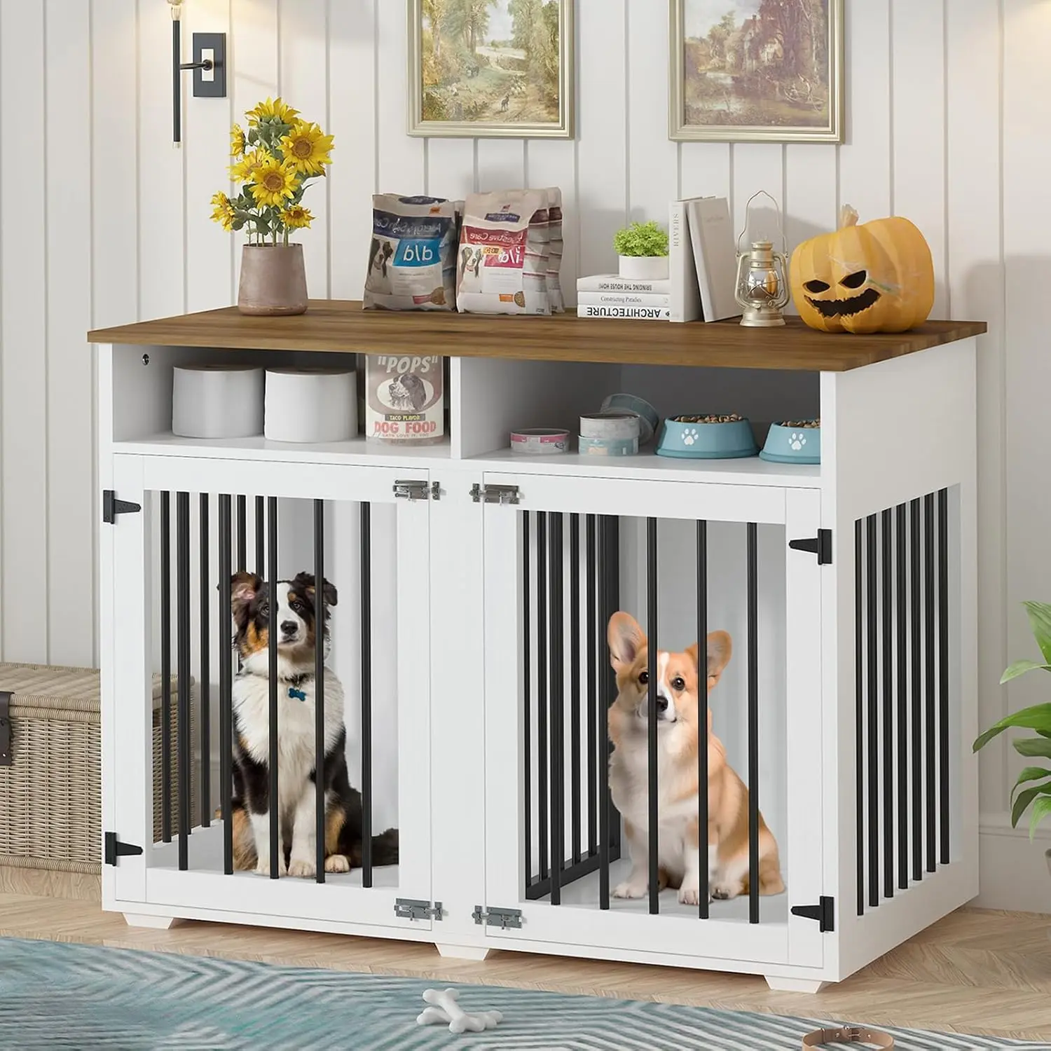[SummerWins] HOMBCK Furniture Dog Crate for Two Dogs, Farmhouse Style Dog Kennel with Removable Divider and Thickened Desktop, Heavy-Duty Base for Small to Medium Dogs summer garden,fathers day gift ideas#home essentials#back to school