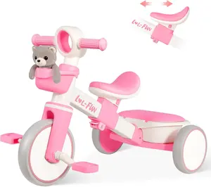 Tricycle for Toddlers 1-3 Years Old Toy, Adjustable Kids Bike for Boys Girls Birthday Gift Age 2-4, Baby Trike with Storage Baskets & Removable Pedals