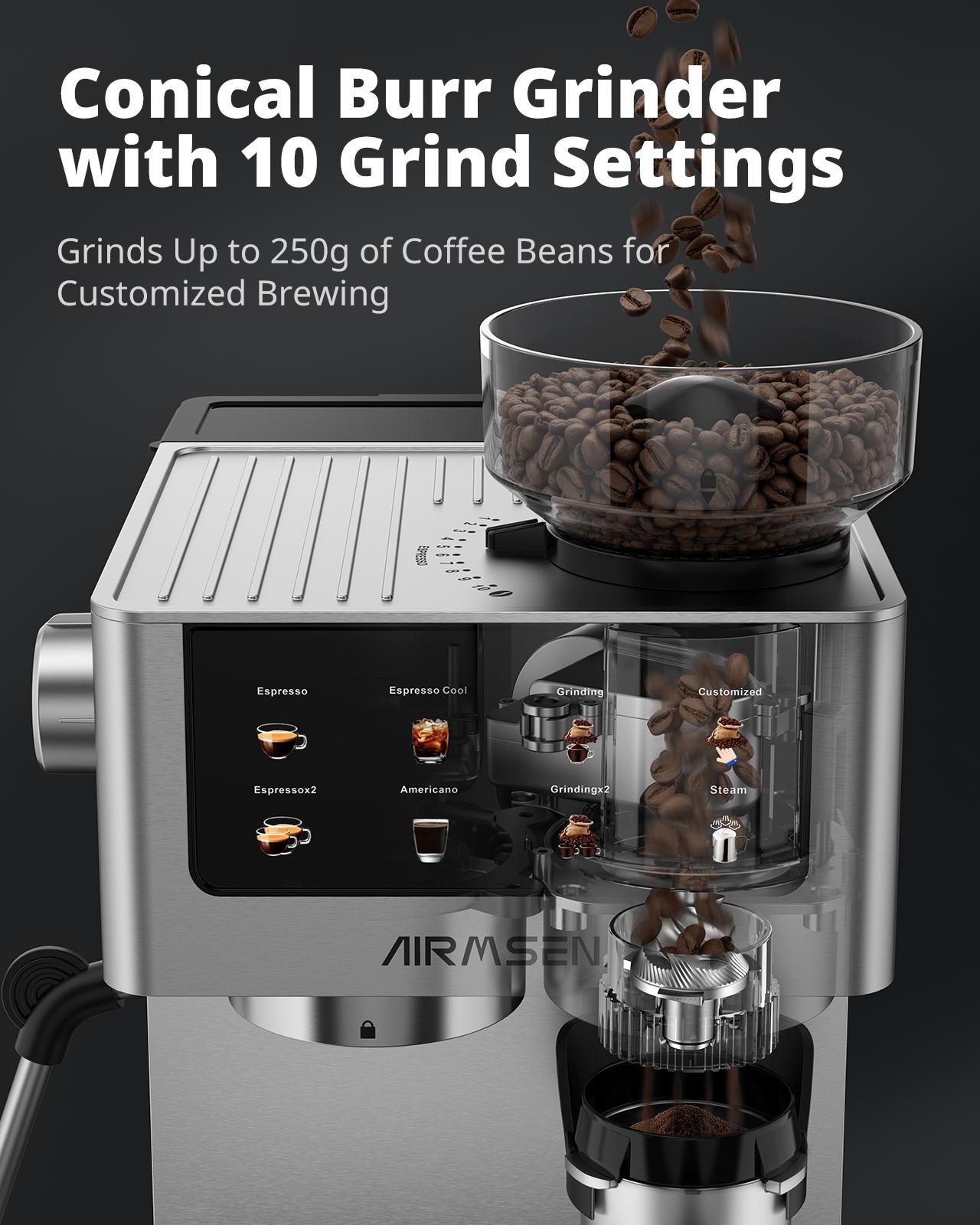 Home 20-Bar Espresso Machine with Grinder, 1350w, With Color Touchscreen, ,Milk Frother Steam Wand,Cold-Press Espresso,Customize Coffee Volumn Appliance espresso machine