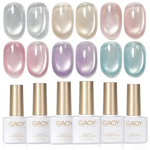 GAOY Cat Eye Gel Nail Polish Set, 6 Colors, Spring Breeze | Silver Blue Colors, Magnetic Glitter Glassy Holographic Gel Nail Polish Set, UV/LED Cure Required, DIY Manicure at Home