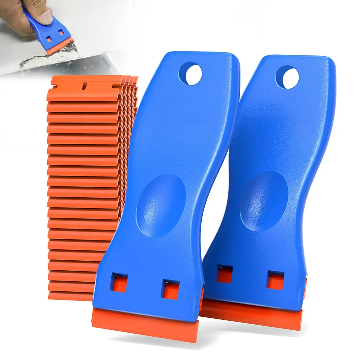 Plastic Razor Blade Scraper Kit (2 Scrapers + 100 Blades) - Scratch-Free Household Cleaning Tool for Home Kitchen Appliances, Window Stickers, Drywall Paints