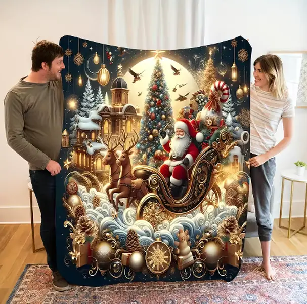 1pc Holiday Santa Claus Reindeer Sleigh Christmas Tree Elements Flannel Fleece Blanket，Multipurpose Seasonal Gift for Christmas