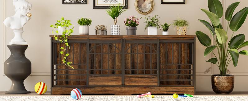 78 Inch Double Dog Crate Furniture, Extra Large Dog Kennel Indoor with Divider, Heavy Duty Dog Cage for 2 Dogs, Decorative Wooden Dog House Decorative Table TV Stand, Pet House for XLarge Dogs,Brown 78 Inch Double Dog Crate Furniture, Extra Large Dog Kennel Indoor with Divider, Heavy Duty Dog Cage for 2 Dogs, Decorative Wooden Dog House Decorative Table TV Stand, Pet House for XLarge Dogs,Brown
